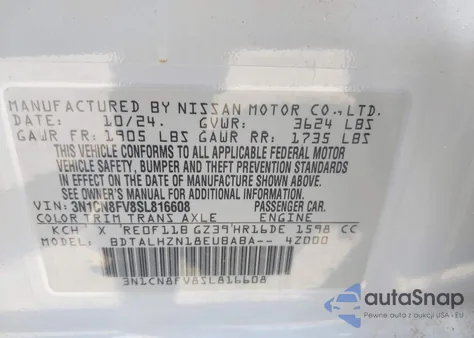 2025 Nissan Versa 1.6 Sr z USA, uszkodzony, nr VIN 3N1CN8FV8SL816608